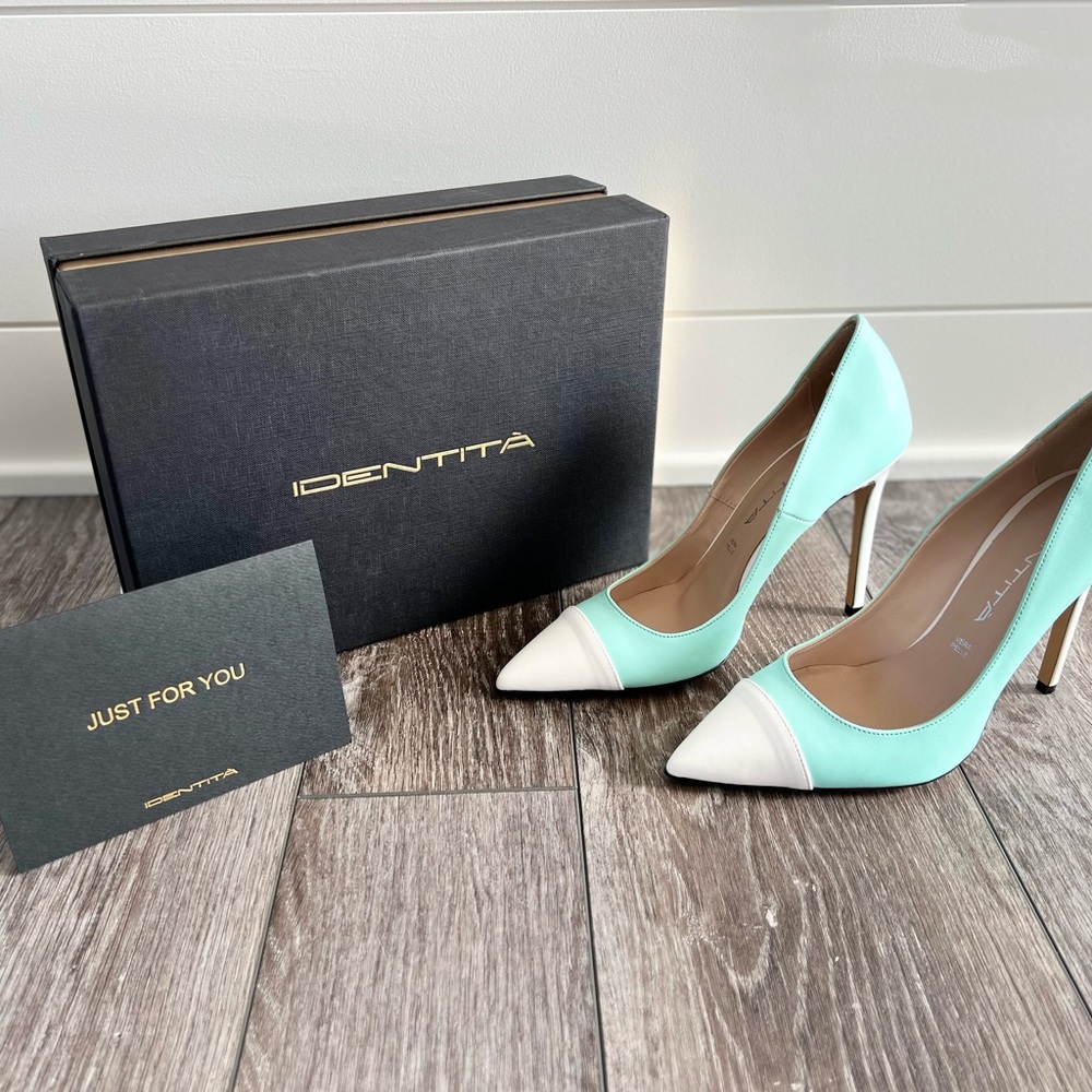 Brand new IDENTITA 100 mm heels. Teal/white.